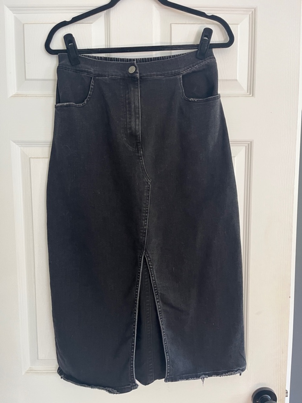 Skies Are Blue Black Denim Midi Skirt with Front Slit